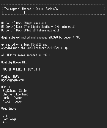 NFO file for Crystal_Method_-_Comin'_Back_CDS-MGC
