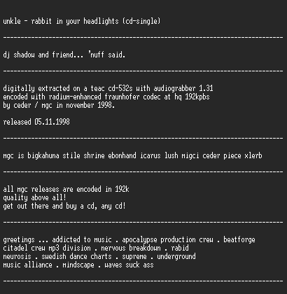 NFO file for Unkle_-_Rabbit_in_Your_Headlights_(CDS)-MGC
