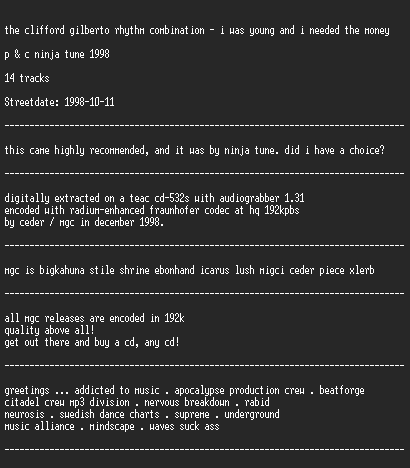 NFO file for Clifford_Gilberto_-_I_Was_Young_And_I_Needed_The_Money-MGC