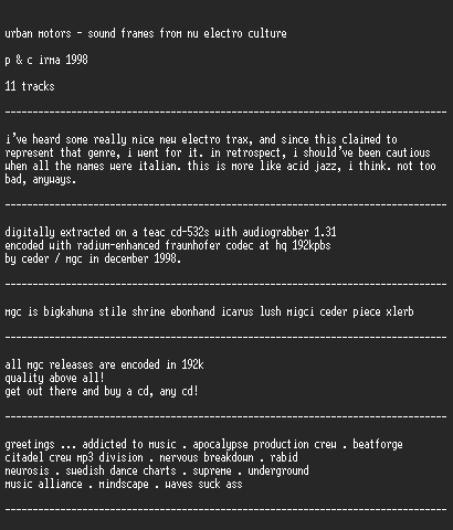 NFO file for Urban_Motors_-_Sound_Frames_from_the_Nu_Electro_Culture-MGC