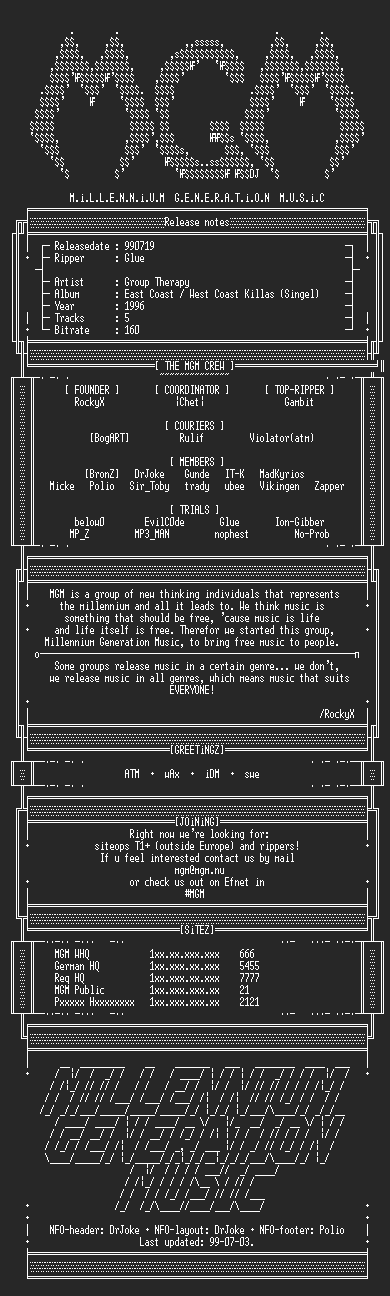 NFO file for Group_Therapy_-_East_Coast_,_West_Coast_Killas_(Singel)_(1996)-MGM