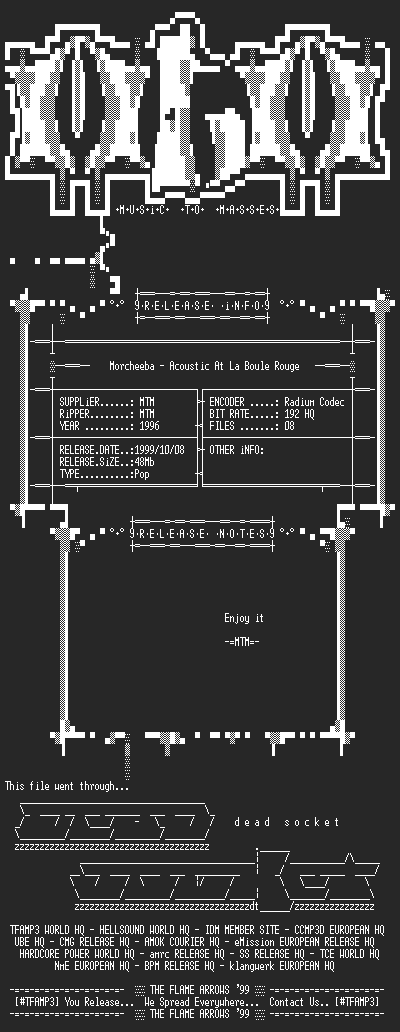 NFO file for Morcheeba_-_Acoustic_At_La_Boule_Rouge_(1996)_-_MTM