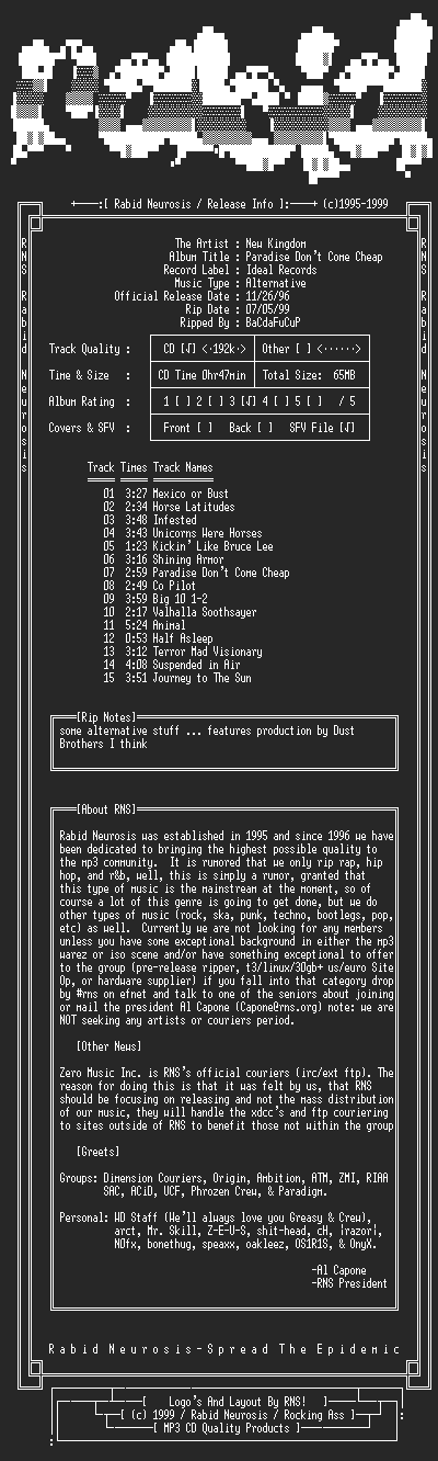 NFO file for New_Kingdom-Paradise_Dont_Come_Cheap-1997-RNS