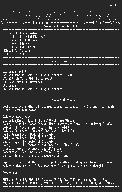 NFO file for Propellerheads-Extended_Play_EP-1999-aPC-Stage5