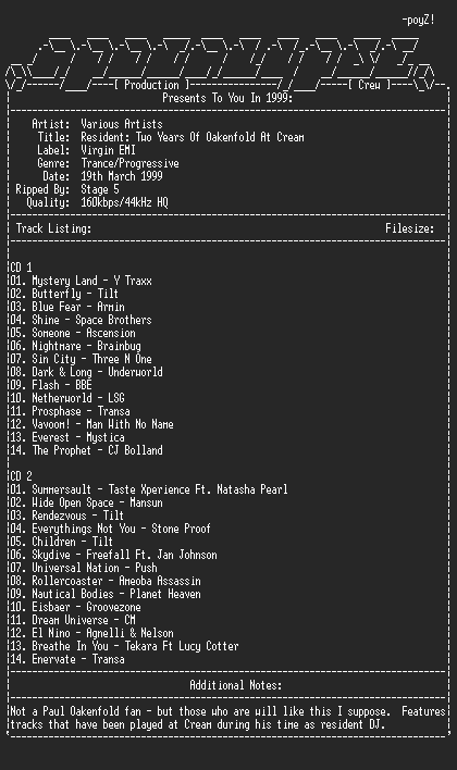 NFO file for VA-Resident_2_Years_Of_Oakenfold_At_Cream-1999-aPC