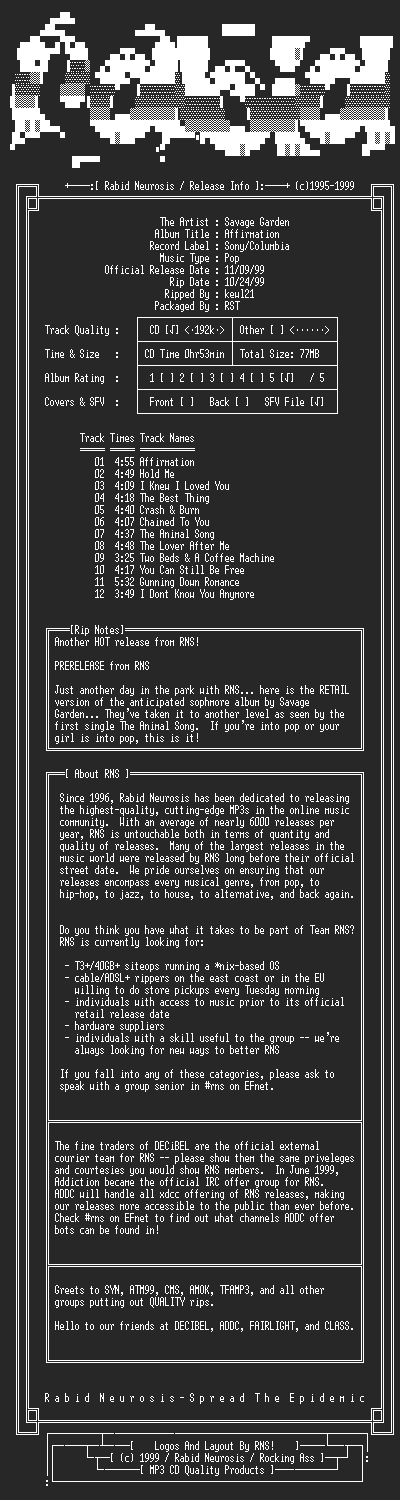 NFO file for Savage_Garden-Affirmation-1999-RNS