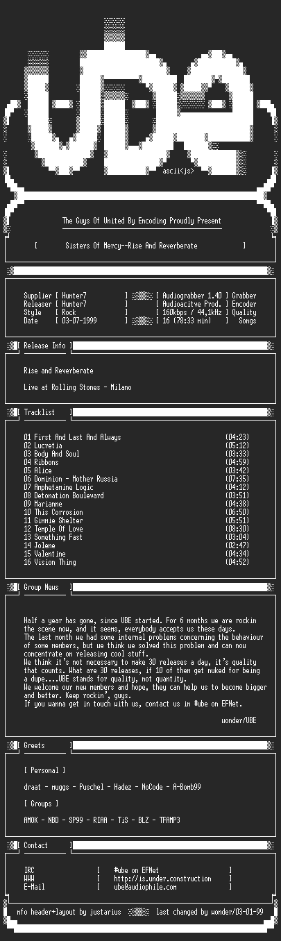 NFO file for Sisters.Of.Mercy--Rise.And.Reverberate-1992-UBE