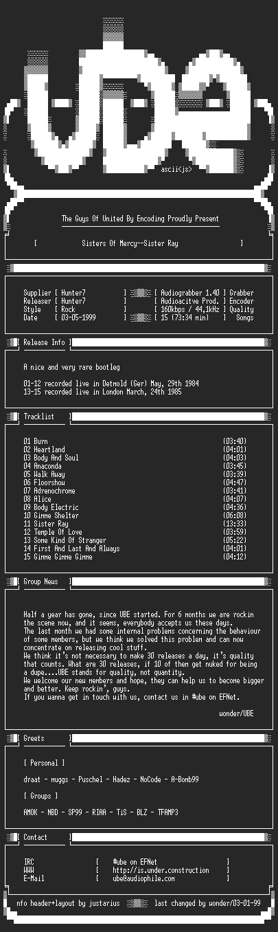 NFO file for Sisters.Of.Mercy--Sister.Ray-1992-UBE