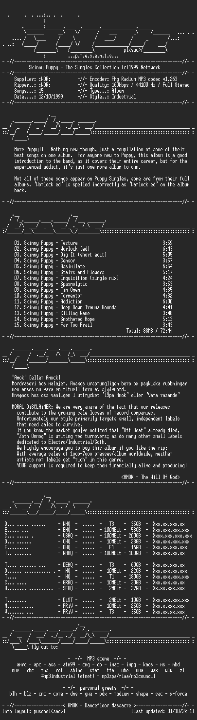 NFO file for Skinny.Puppy-The.Singles.Collection-(1999)-AMOK