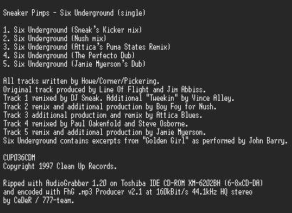 NFO file for Sneaker_Pimps_-_Six_Underground-(single)-CeDeR