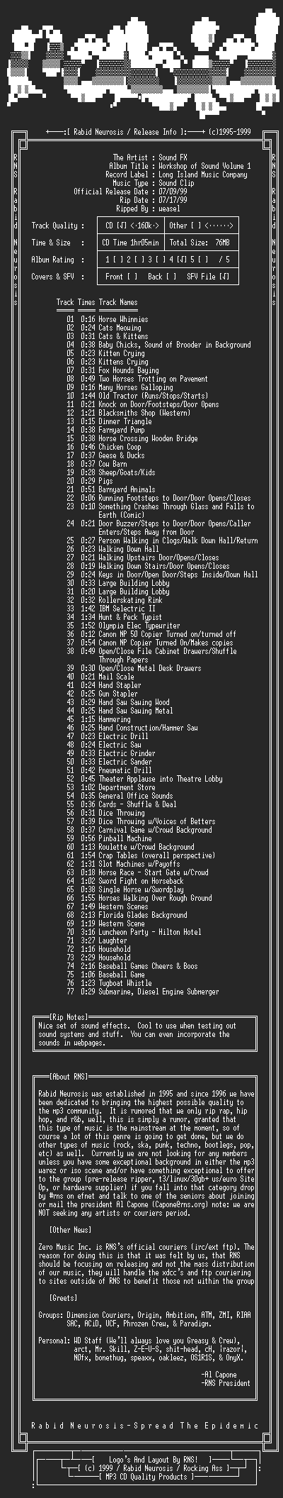 NFO file for Sound_FX-Workshop_of_Sound_Volume_1-1999-RNS