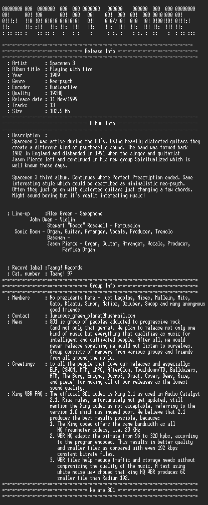 NFO file for Spacemen_3_-_Playing_With_Fire_(1989)-801