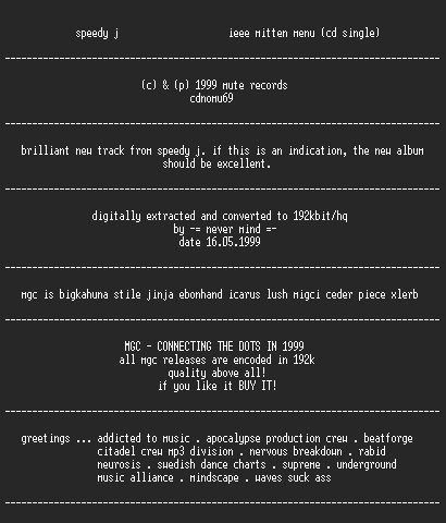 NFO file for Speedy_J_-_Ieee_mitten_menu_(CD_Single)_-_MGC