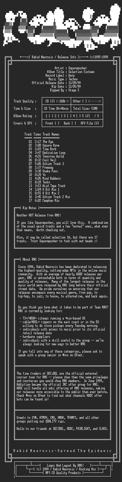 NFO file for Squarepusher-Selection_Sixteen-1999-RNS