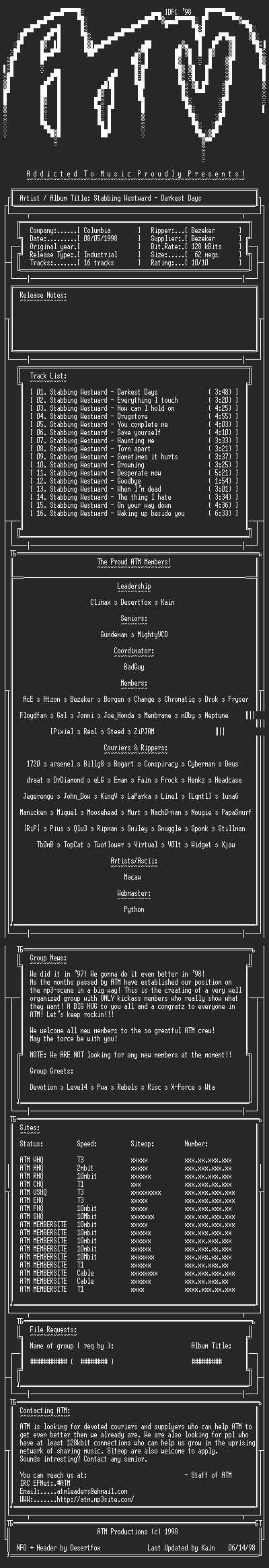 NFO file for Stabbing_Westward_-_Darkest_Days_(1998)_-_ATM