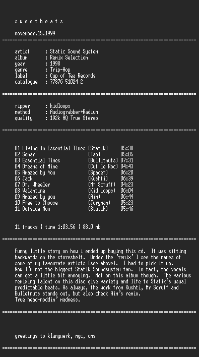 NFO file for Statik_Sound_System--Remix_Selection-1998-sb