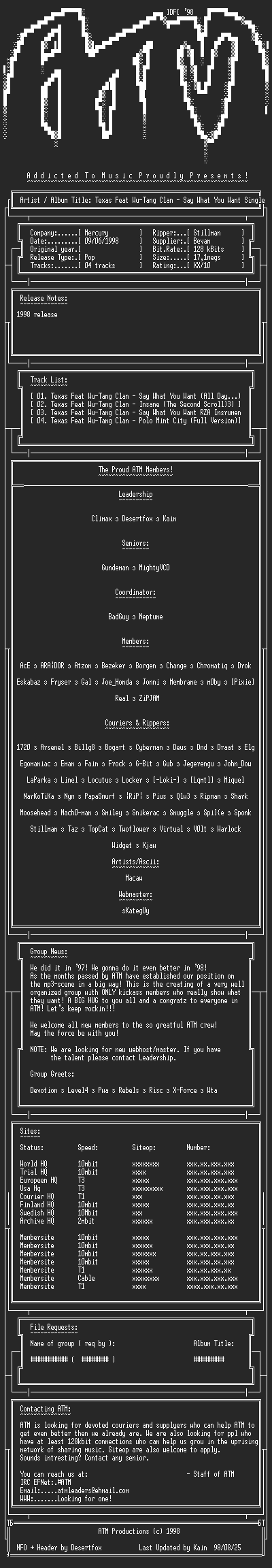 NFO file for Texas_Featuring_The_Wu_Tang_Clan_-_Say_What_You_Want_(Single)_(1998)_-_ATM