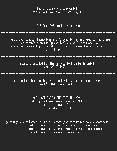 NFO file for The_Cardigans_-_Erase_Rewind_(1998)_promomixes-MGC
