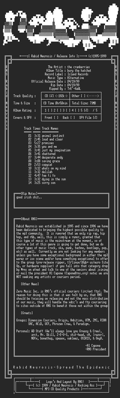 NFO file for The_Cranberries-Bury_The_Hatchet-1999-RNS