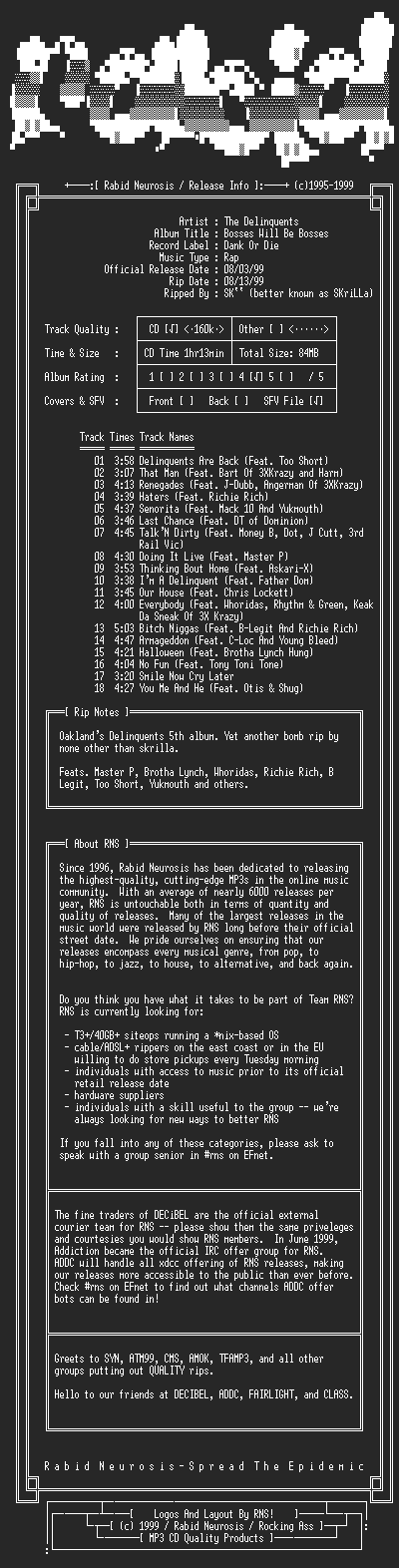NFO file for The_Delinquents-Bosses_Will_Be_Bosses-1999-RNS