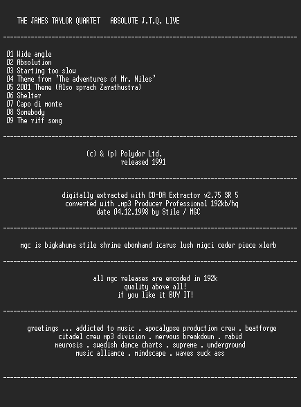 NFO file for The_James_Taylor_Quartet_-_Absolute_JTQ_Live-MGC