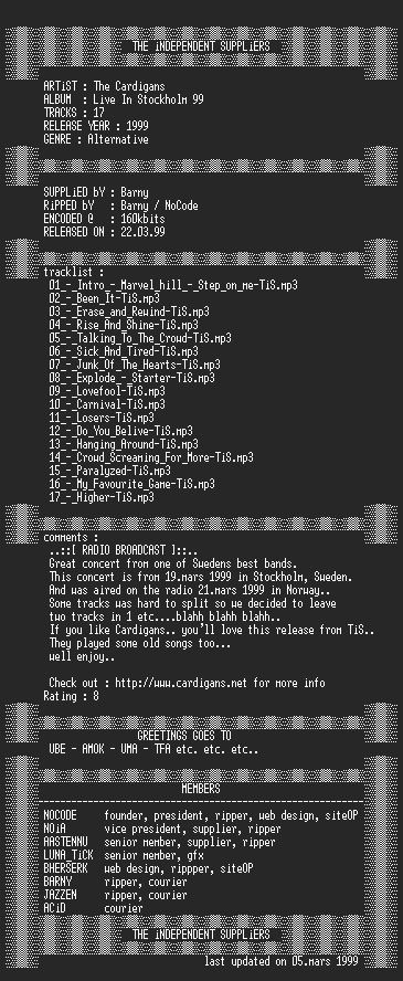 NFO file for The_Cardigans-Live_In_Stockholm_99-TiS