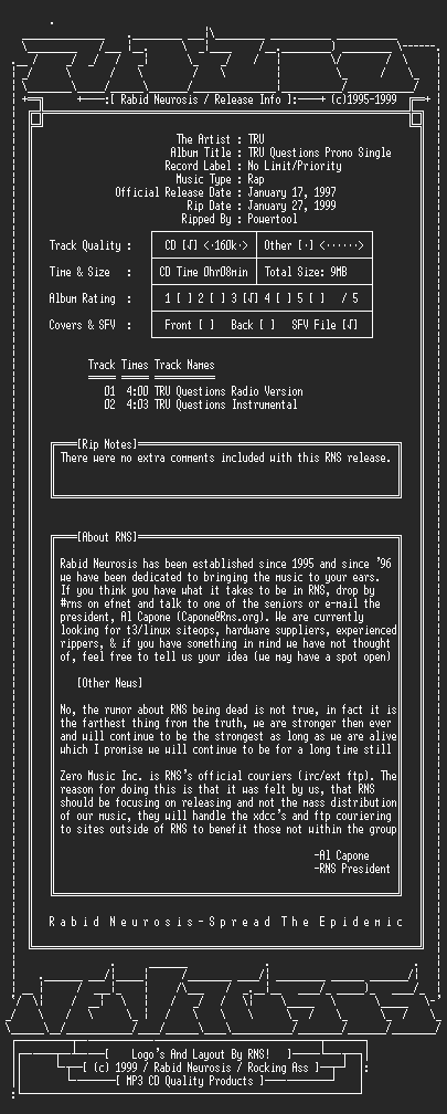 NFO file for TRU-TRU_Questions_Promo_Single-1997-RNS