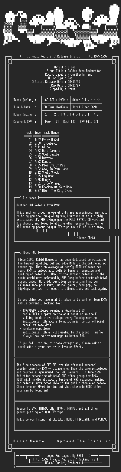 NFO file for U-God-Golden_Arms_Redemption-1999-RNS