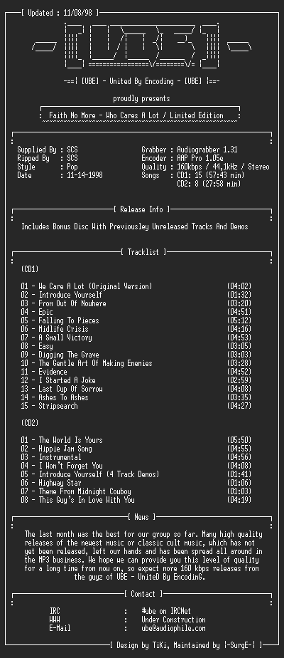 NFO file for Faith.No.More.-.Who.Cares.A.Lot.(Greatest.Hits.-.Limited.Edition)-UBE