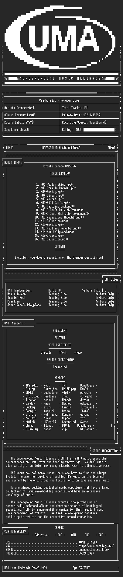 NFO file for Cranberries-Forever_Live-1996-UMA