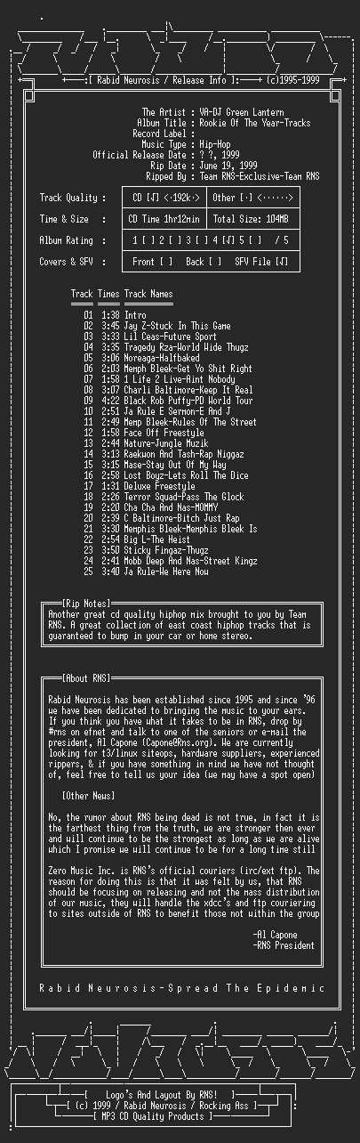 NFO file for VA-DJ_Green_Lantern-Rookie_of_The_Year-Tracks-1999-RNS