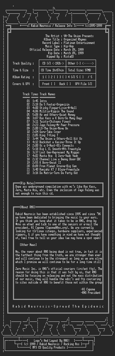 NFO file for VA-The_Union_Presents-Organized_Rhymes-1999-RNS