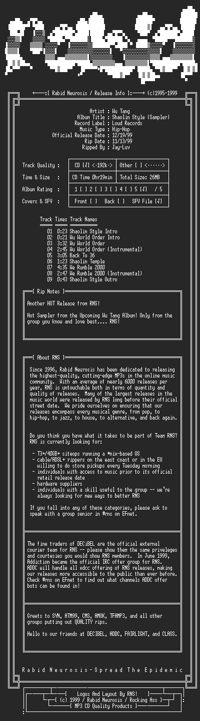 NFO file for Wu_Tang-Shaolin_Style_(Sampler)-1999-RNS