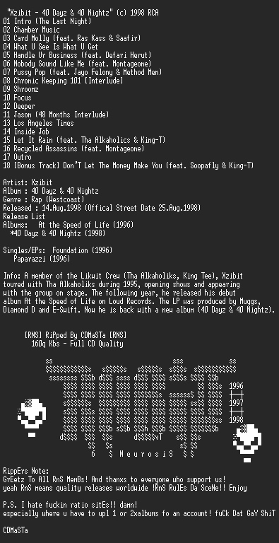 NFO file for Xzibit-40_Dayz_and_40_Nightz-1998-RNS